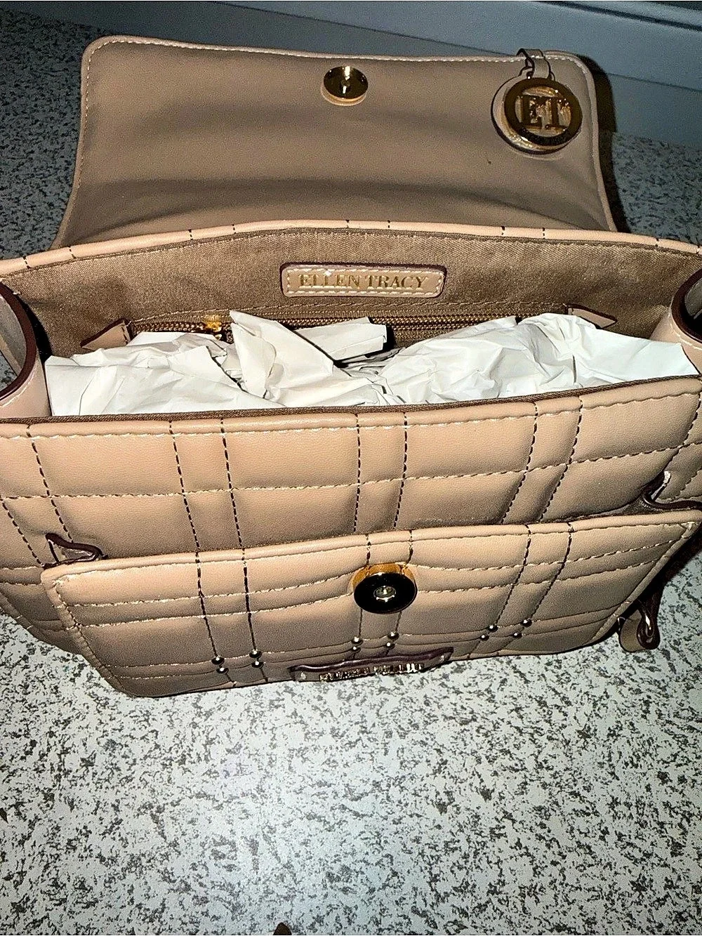 Ellen Tracy Studded Top Flap Satchel Quilted Shoulder Bag Tan NWT